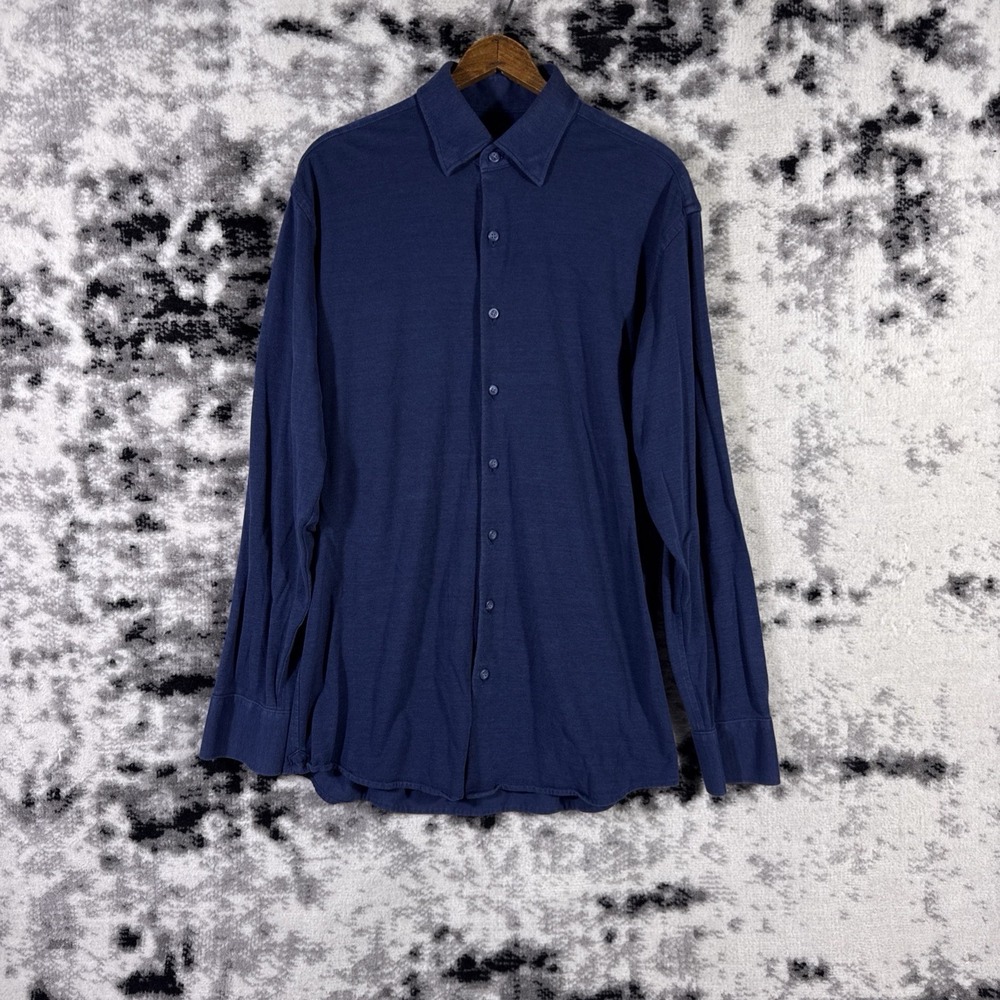 Proper Cloth Button Down Shirt Mens Size 15.9 Navy Blue Cotton Tencel Pique